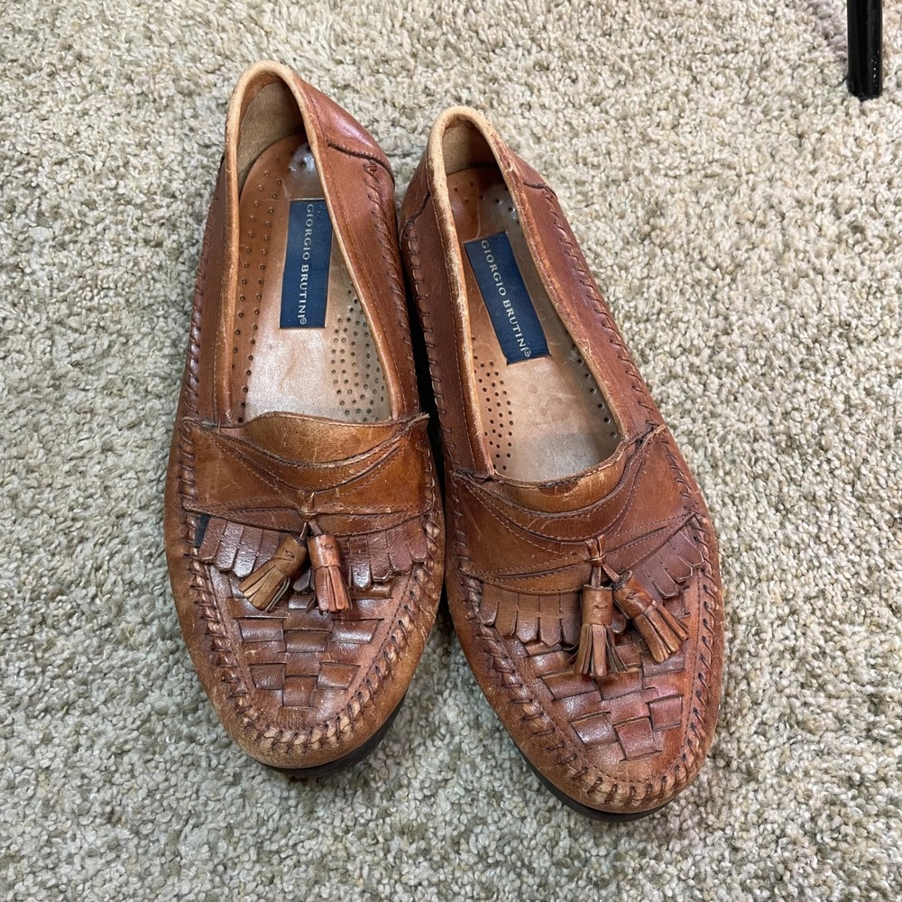 Giorgio Brutini Mens 9 D Brown Woven Leather Tassel Kiltie Loafers Vintage 8112